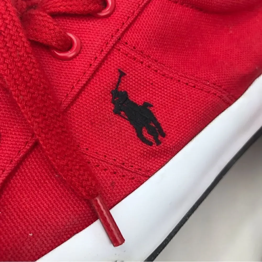 Polo Ralph Lauren Red Canvas Lace Up Deck Boat Shoes with Black Logo